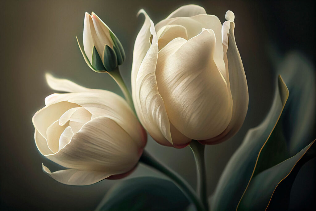 Smotanovobiele tulipány v tieni — celý dizajn