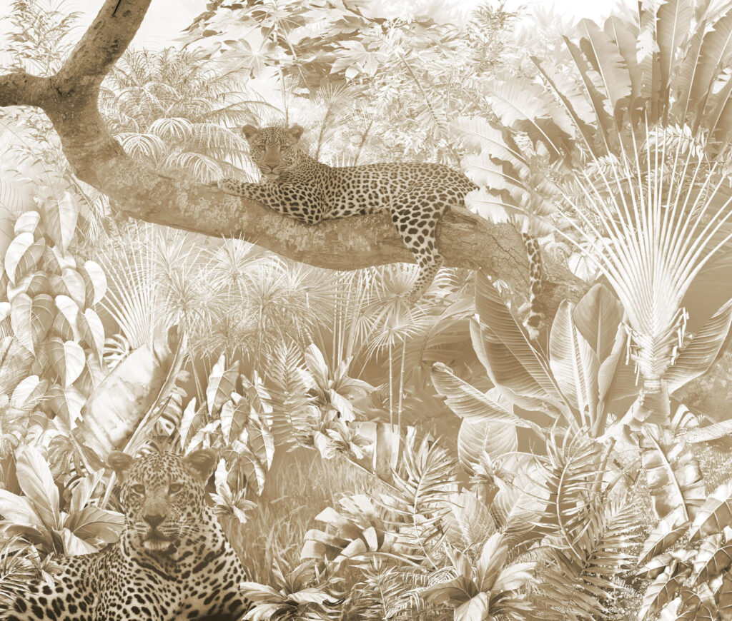 Leopard v bledých palmách — celý dizajn