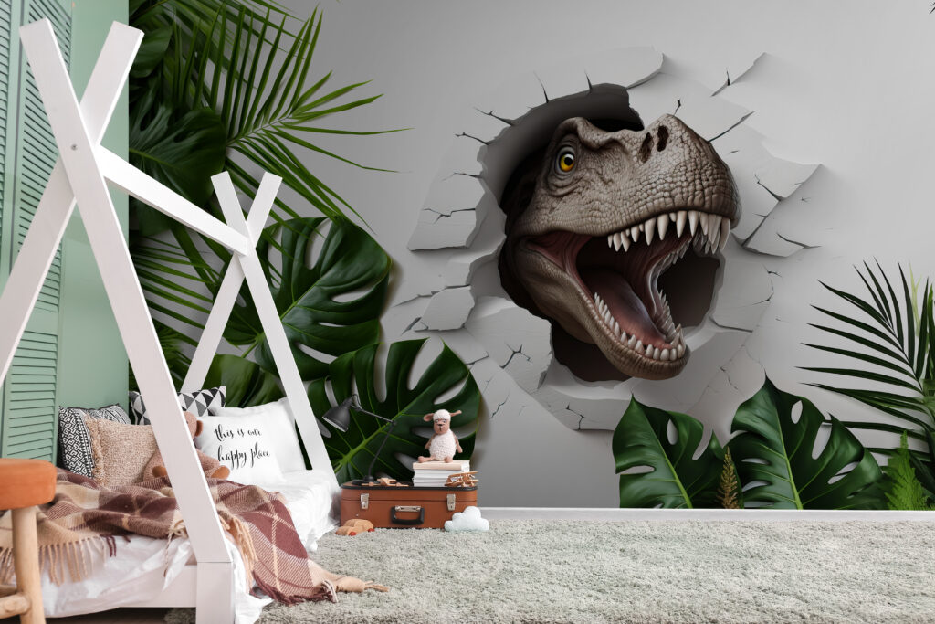 Dinosaurus medzi listami v interiéri