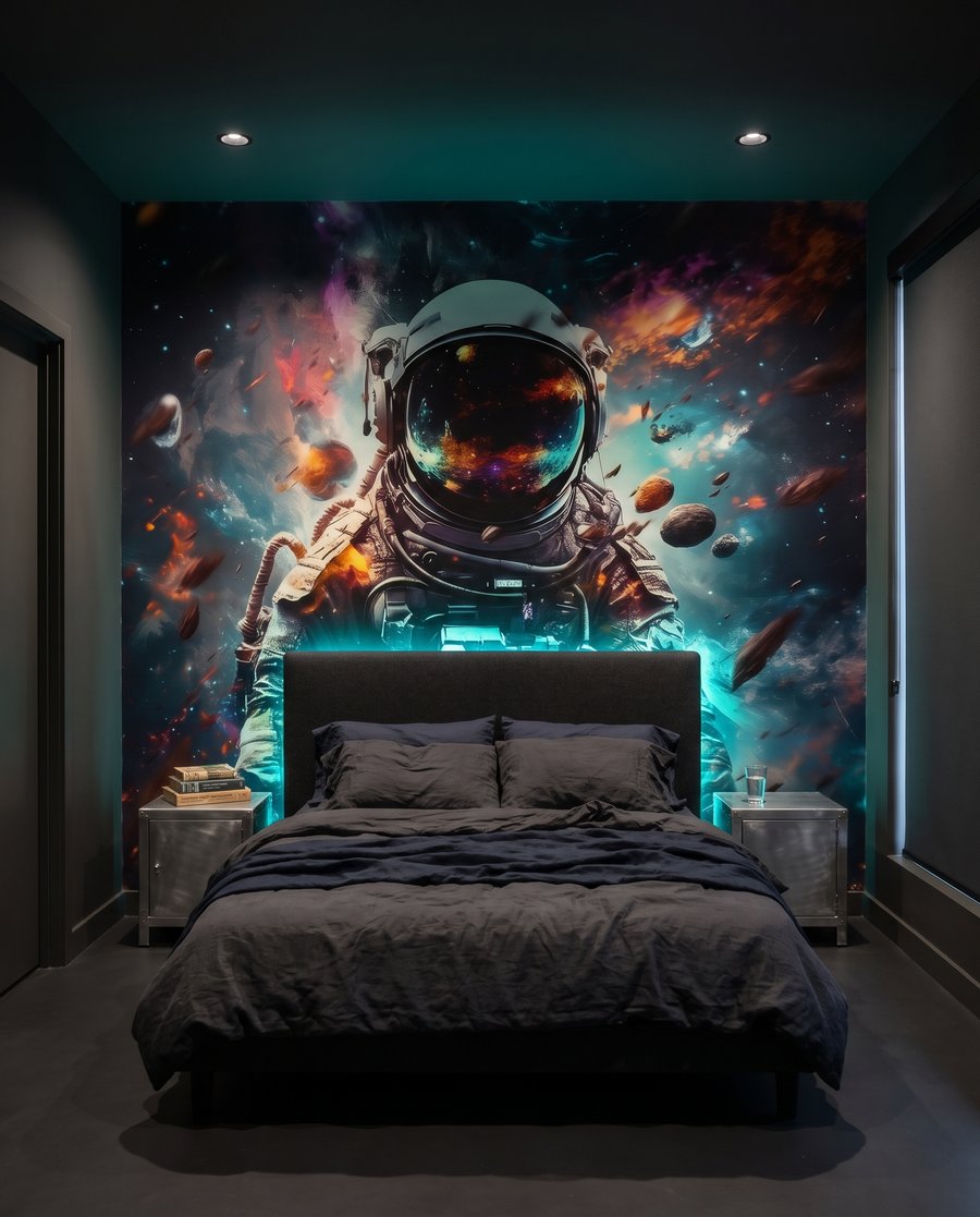 Astronaut v farebnej hmle v interiéri