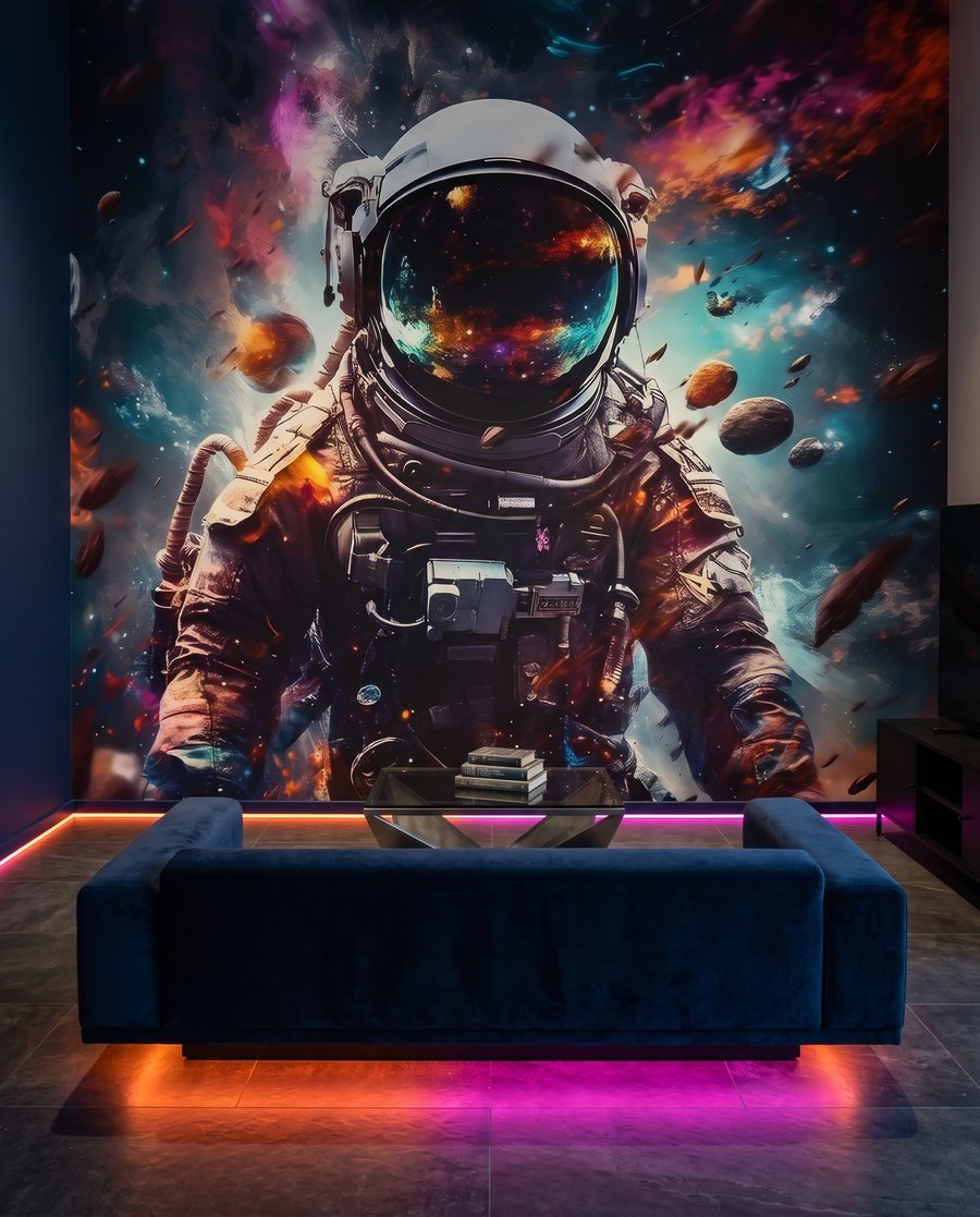 Astronaut v farebnej hmle v interiéri