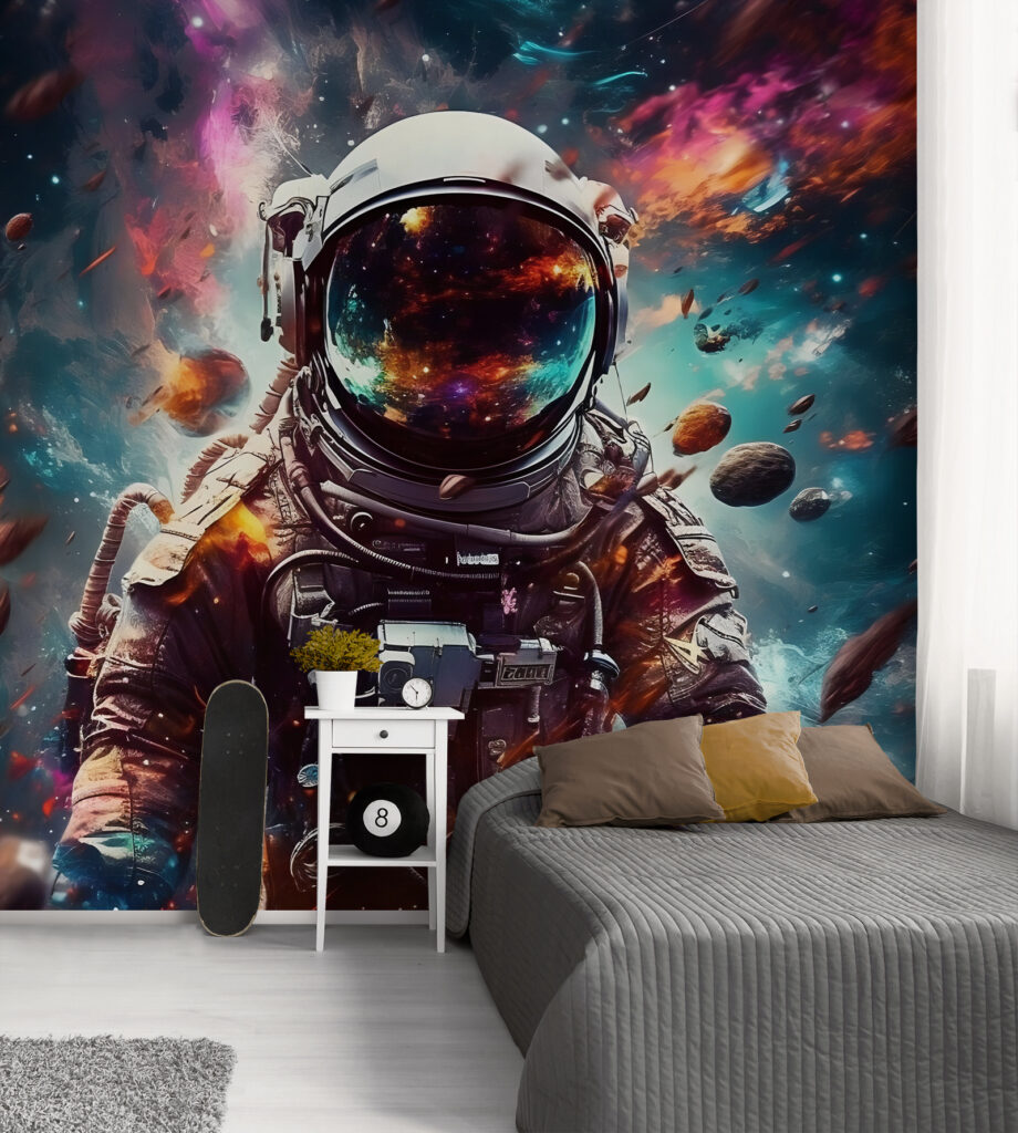 Astronaut v farebnej hmle v interiéri