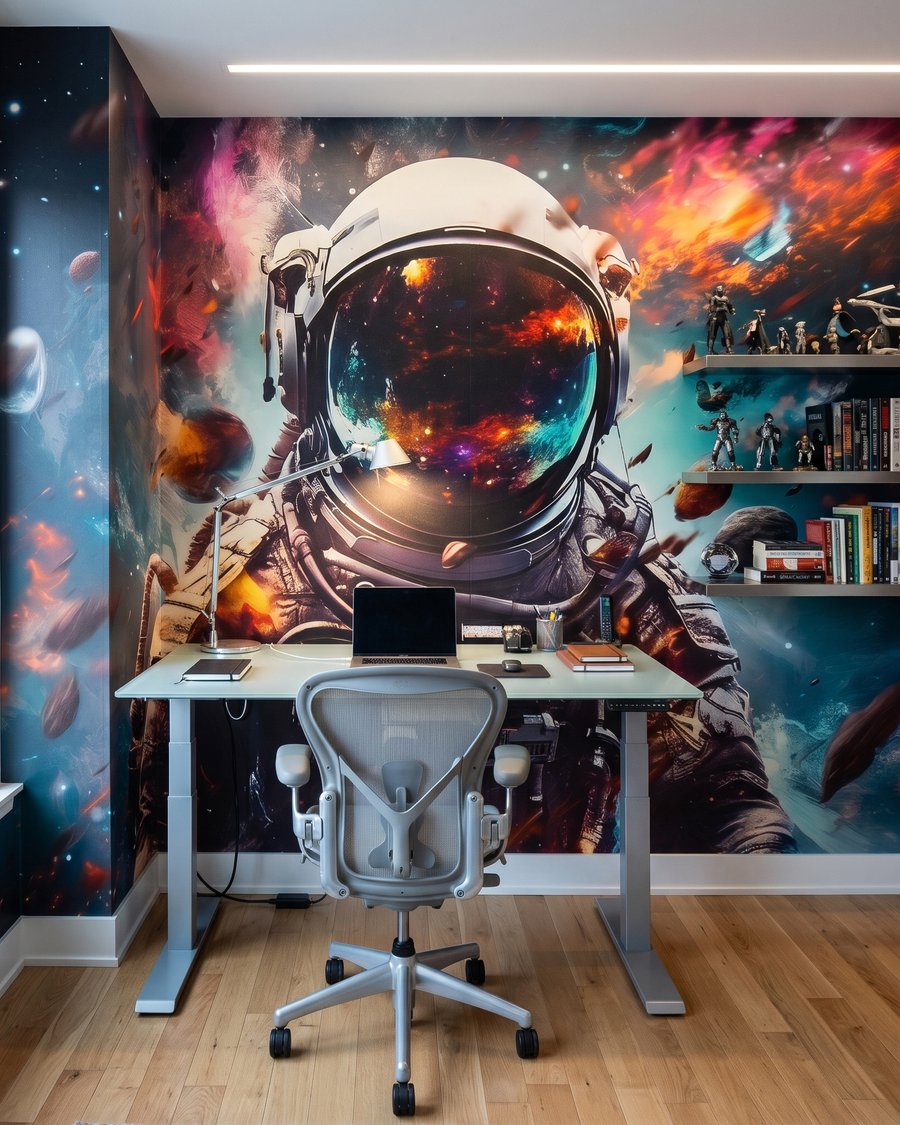 Astronaut v farebnej hmle v interiéri