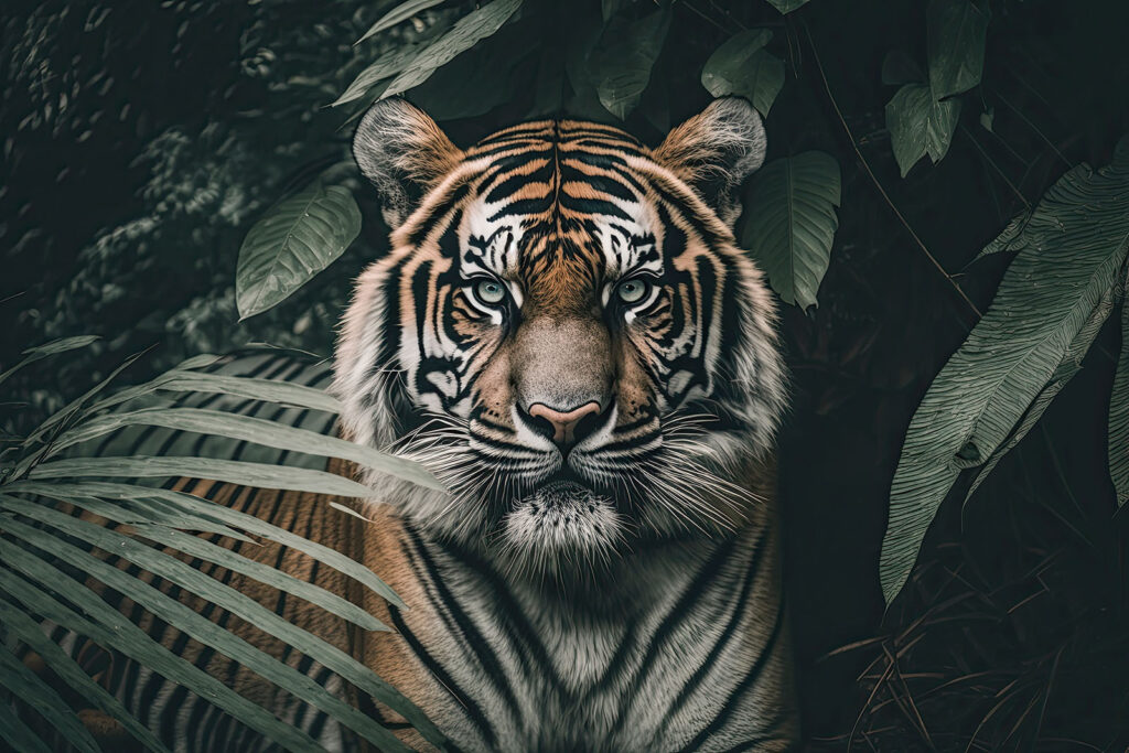 Tiger medzi tmavými listami — celý dizajn