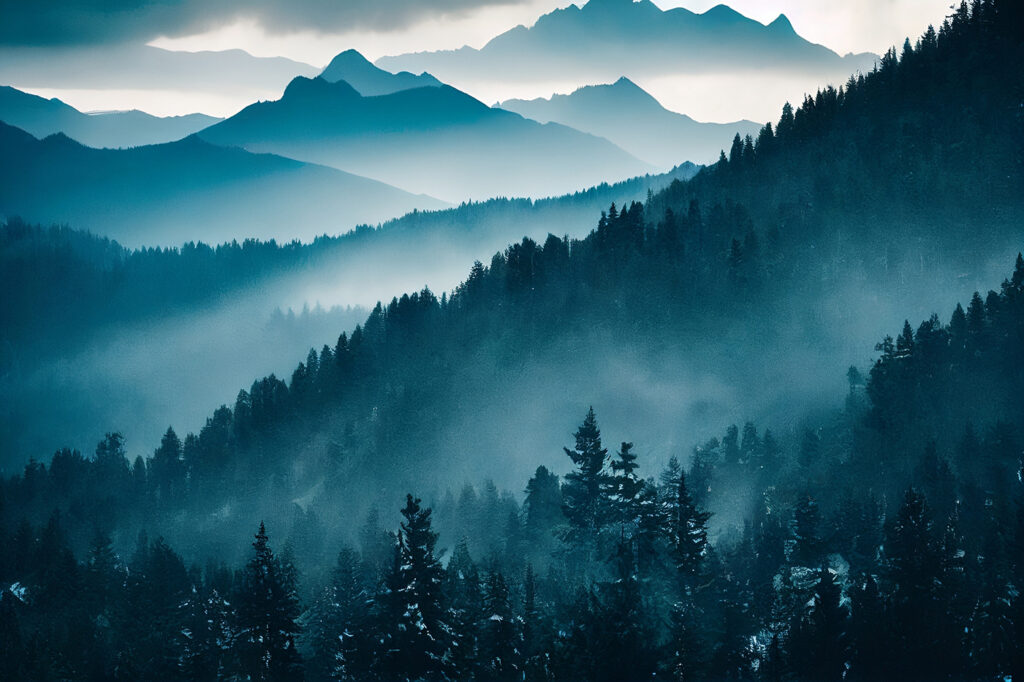 Modrá hmla nad borovicami — celý dizajn