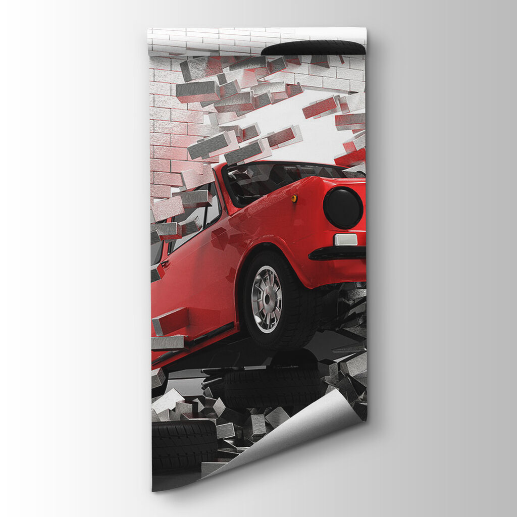 Červené auto vyráža von — pohľad na tovar