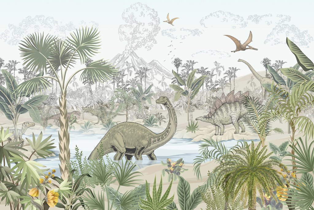 Dinosaury pri lesnom jazierku — celý dizajn