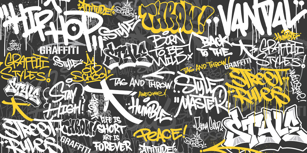 Žlté graffiti na čiernom — celý dizajn