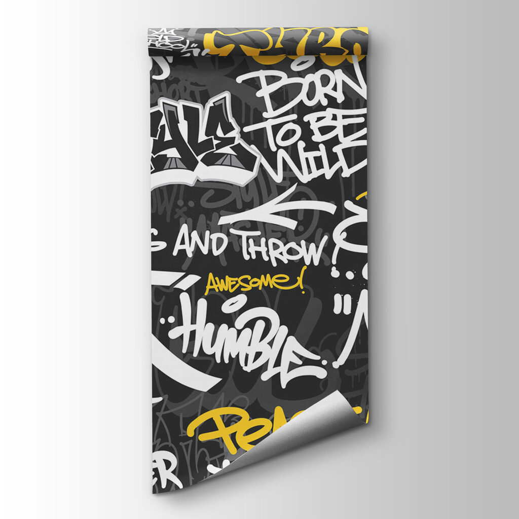 Žlté graffiti na čiernom — pohľad na tovar
