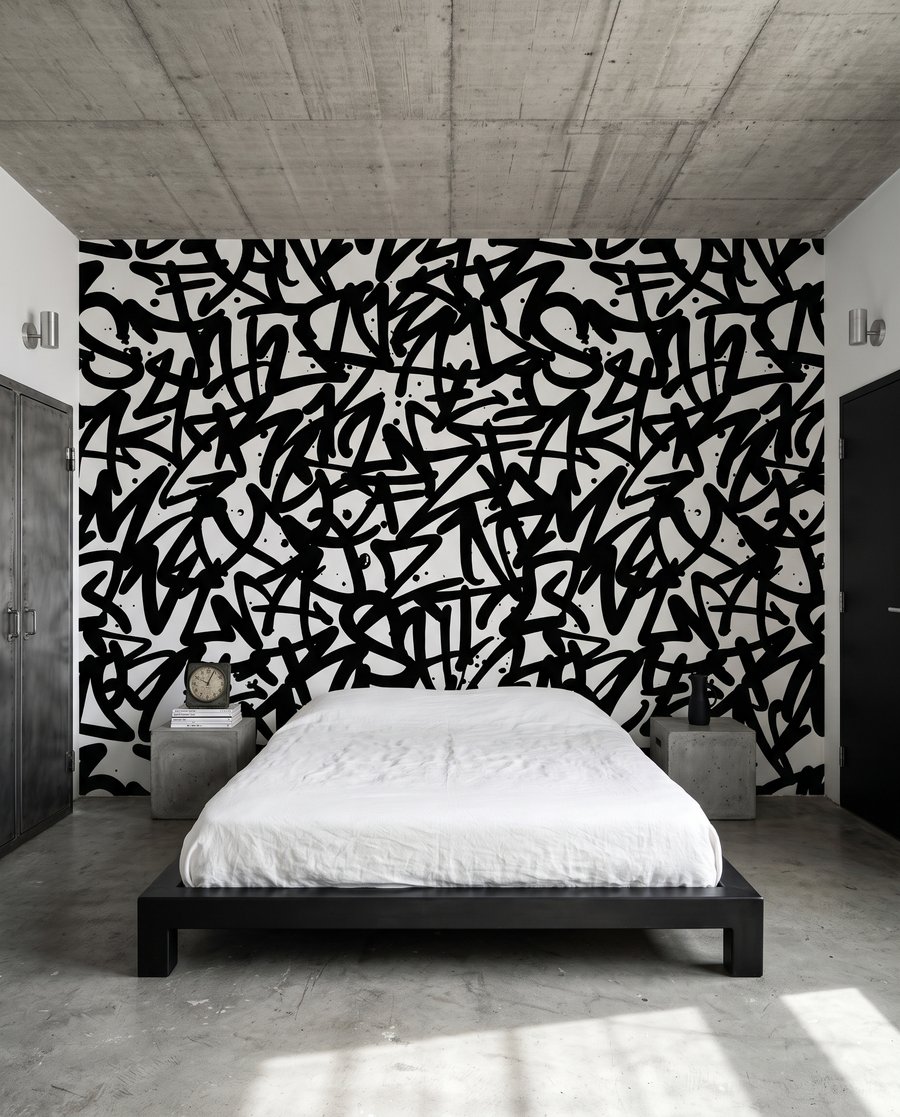 Preplietané graffiti písmená v interiéri