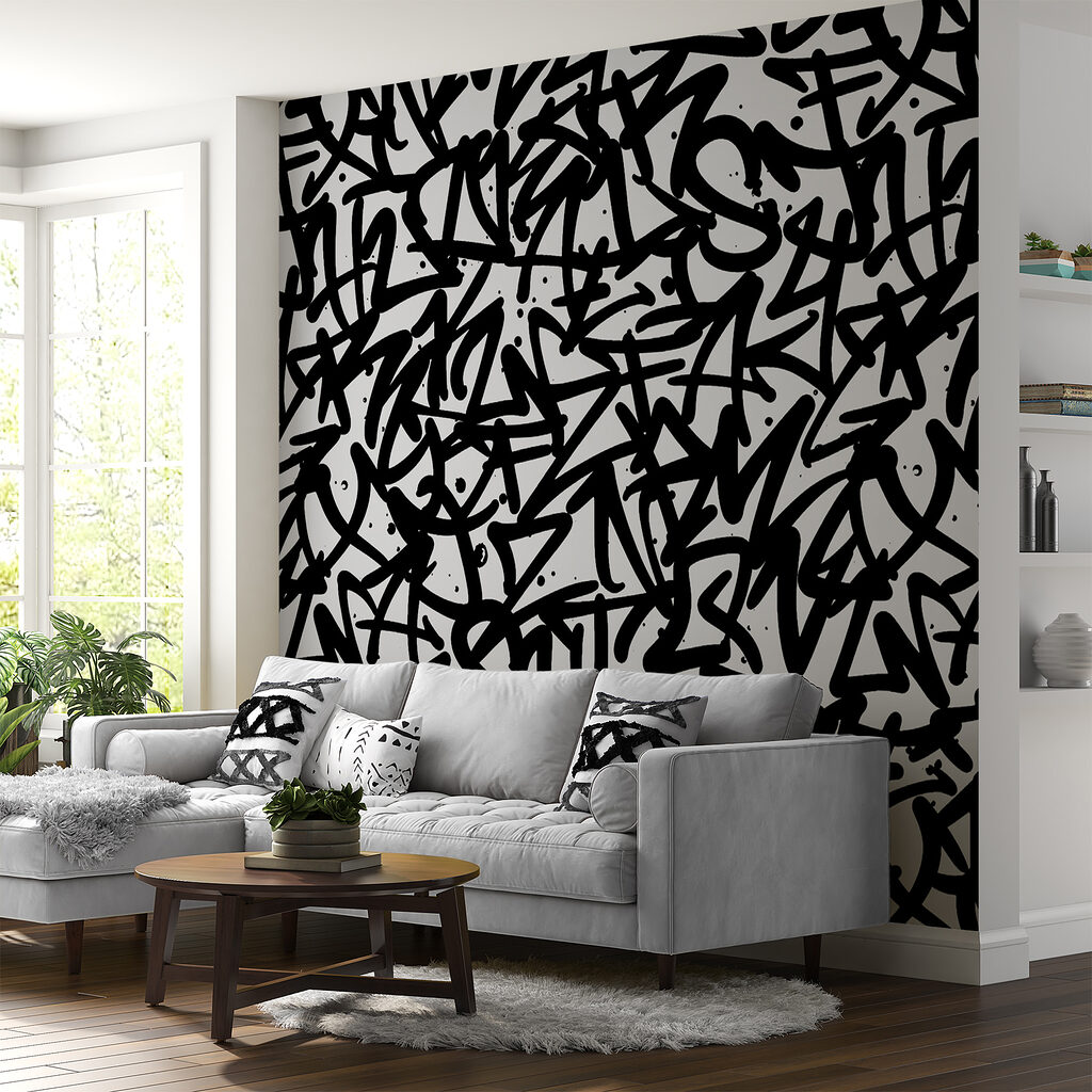 Preplietané graffiti písmená v interiéri