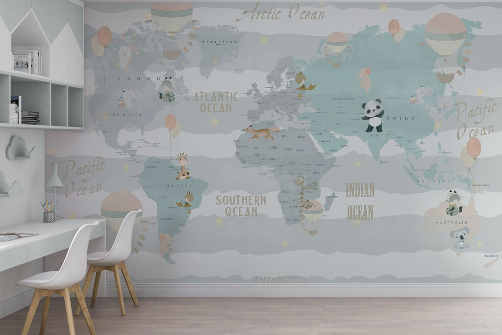 Pastelová mapa sveta — interiér 1