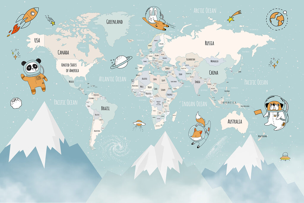 Mapa sveta s astronautmi — celý dizajn