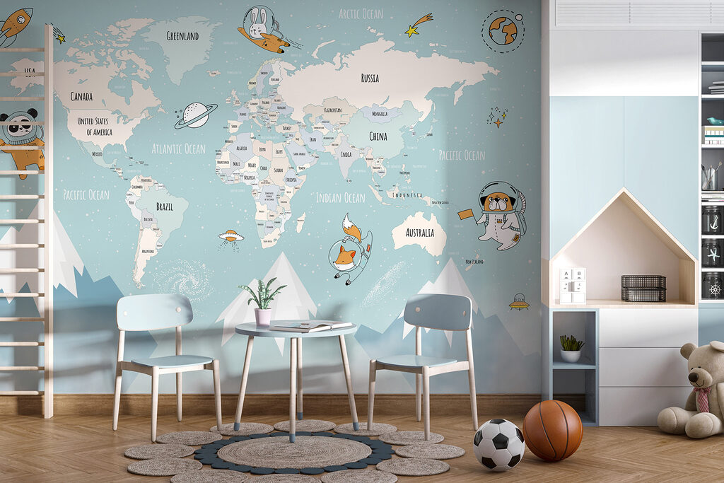 Mapa sveta s astronautmi — interiér 1