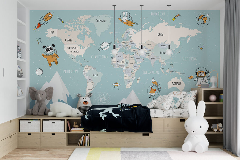 Mapa sveta s astronautmi — interiér 3