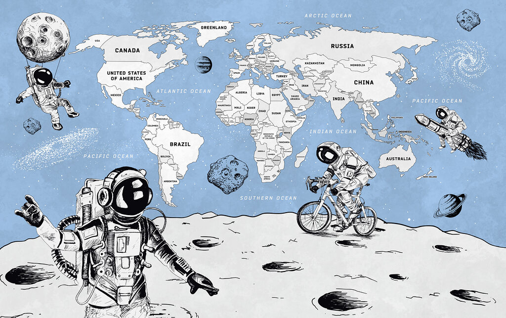 Astronauti pri mape sveta — celý dizajn
