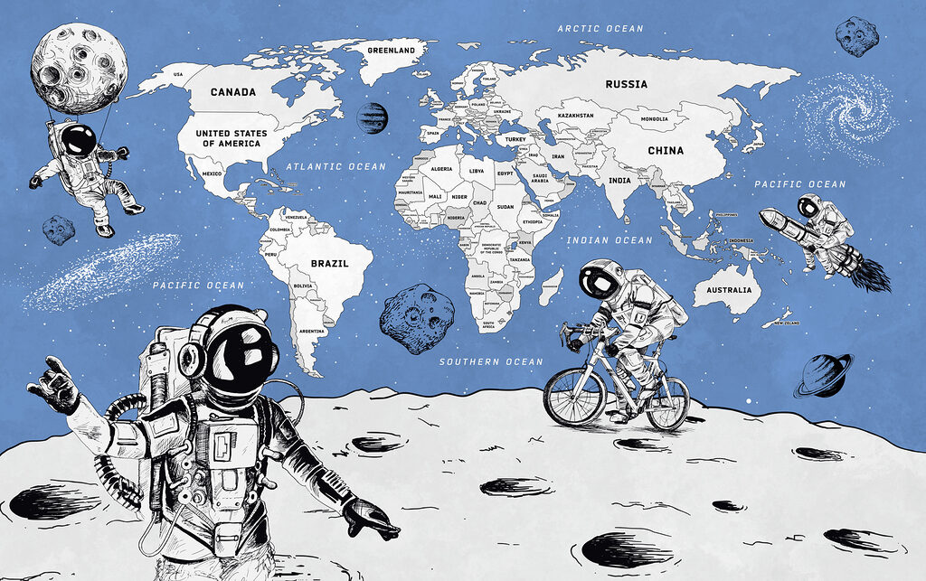 Astronauti pri mape sveta — celý dizajn