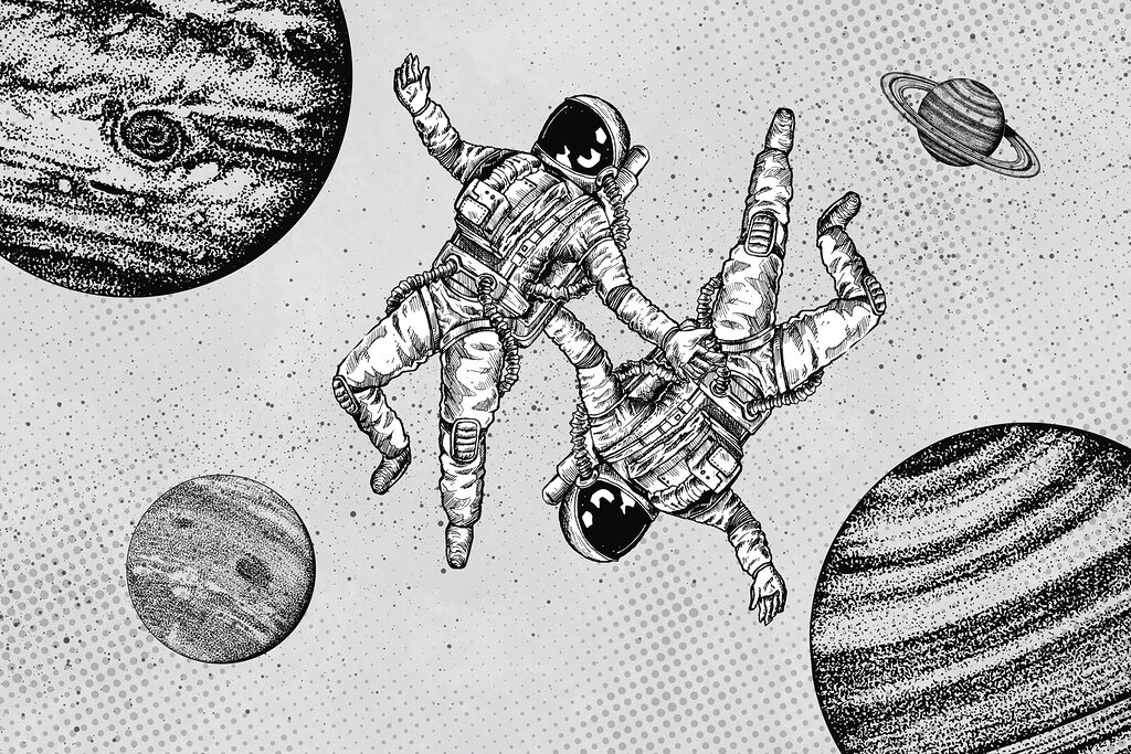 Dvaja astronauti medzi planétami — celý dizajn