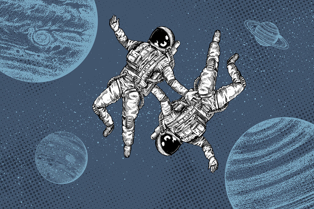 Dvaja astronauti medzi planétami — celý dizajn