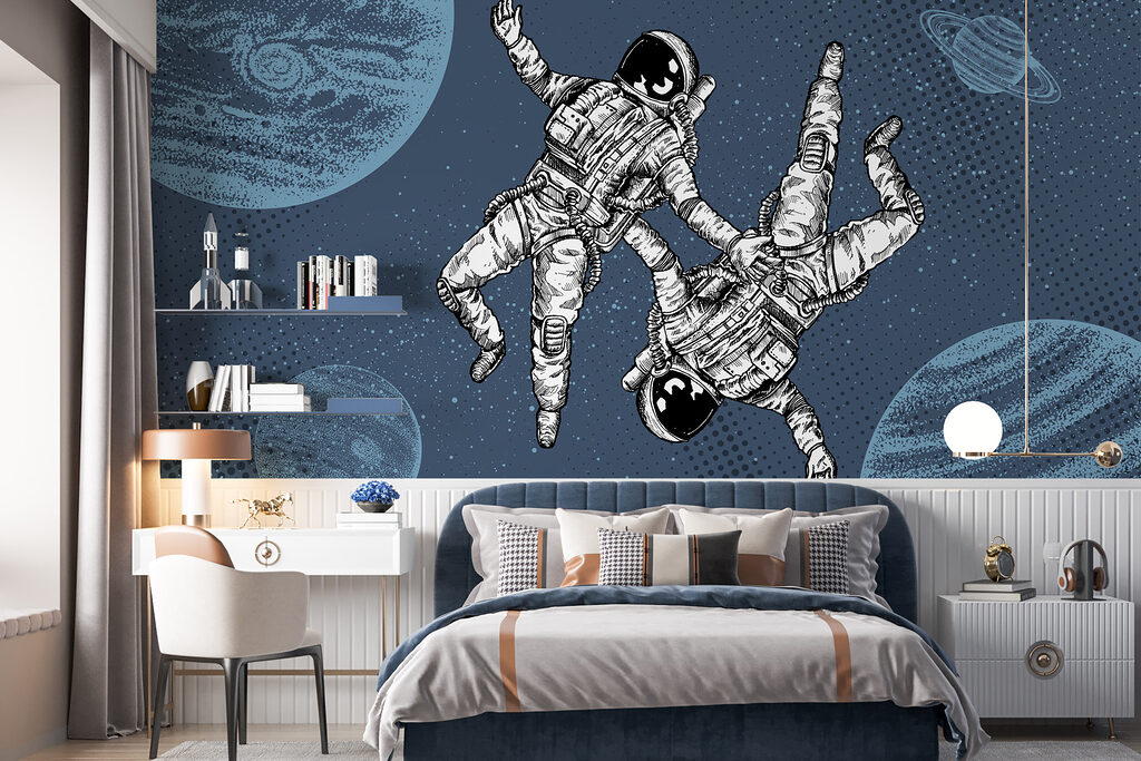Dvaja astronauti medzi planétami v interiéri