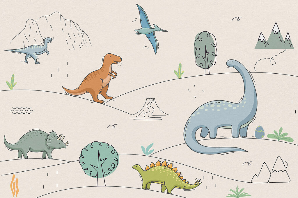 Dinosaury v jemných obrysoch — celý dizajn