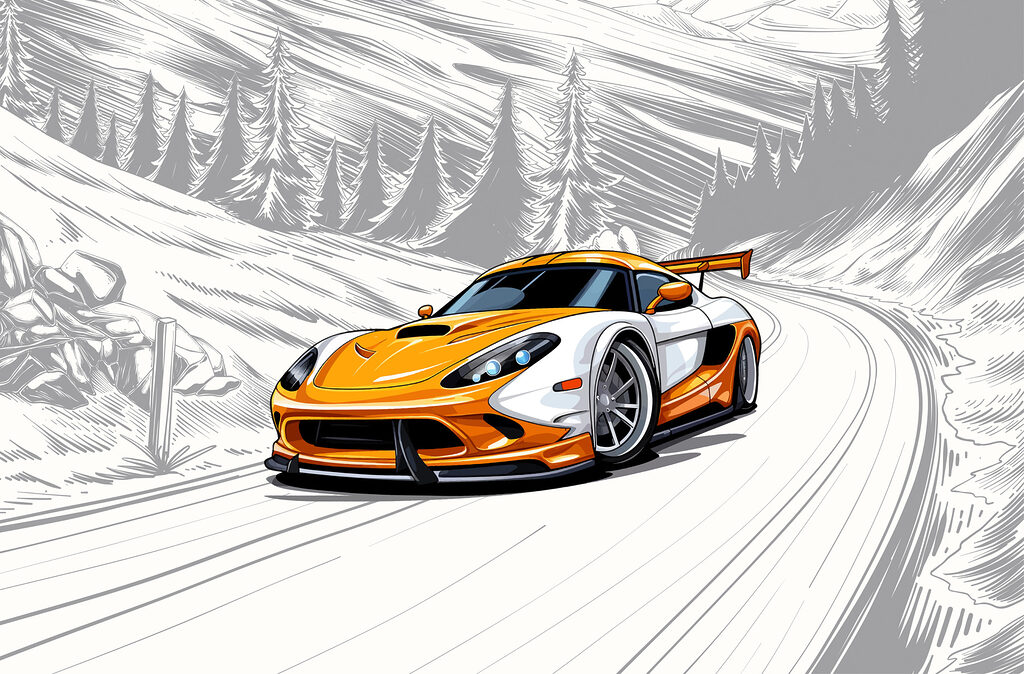 Oranžové auto v zákrute — celý dizajn