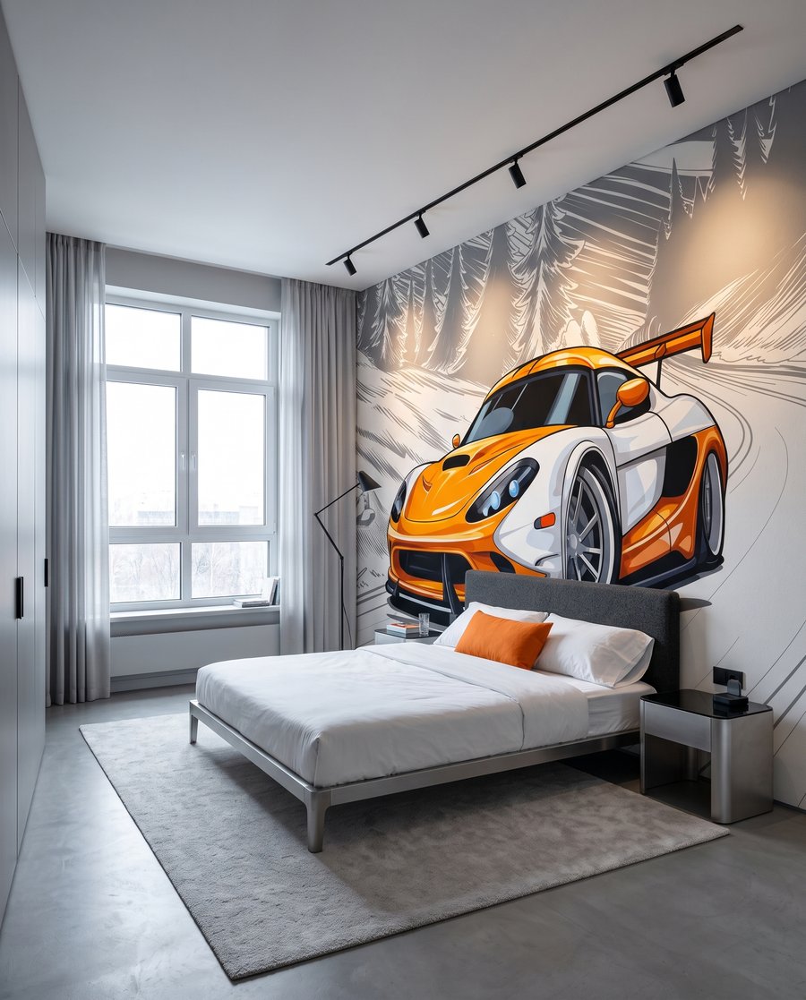 Oranžové auto v zákrute — interiér 2