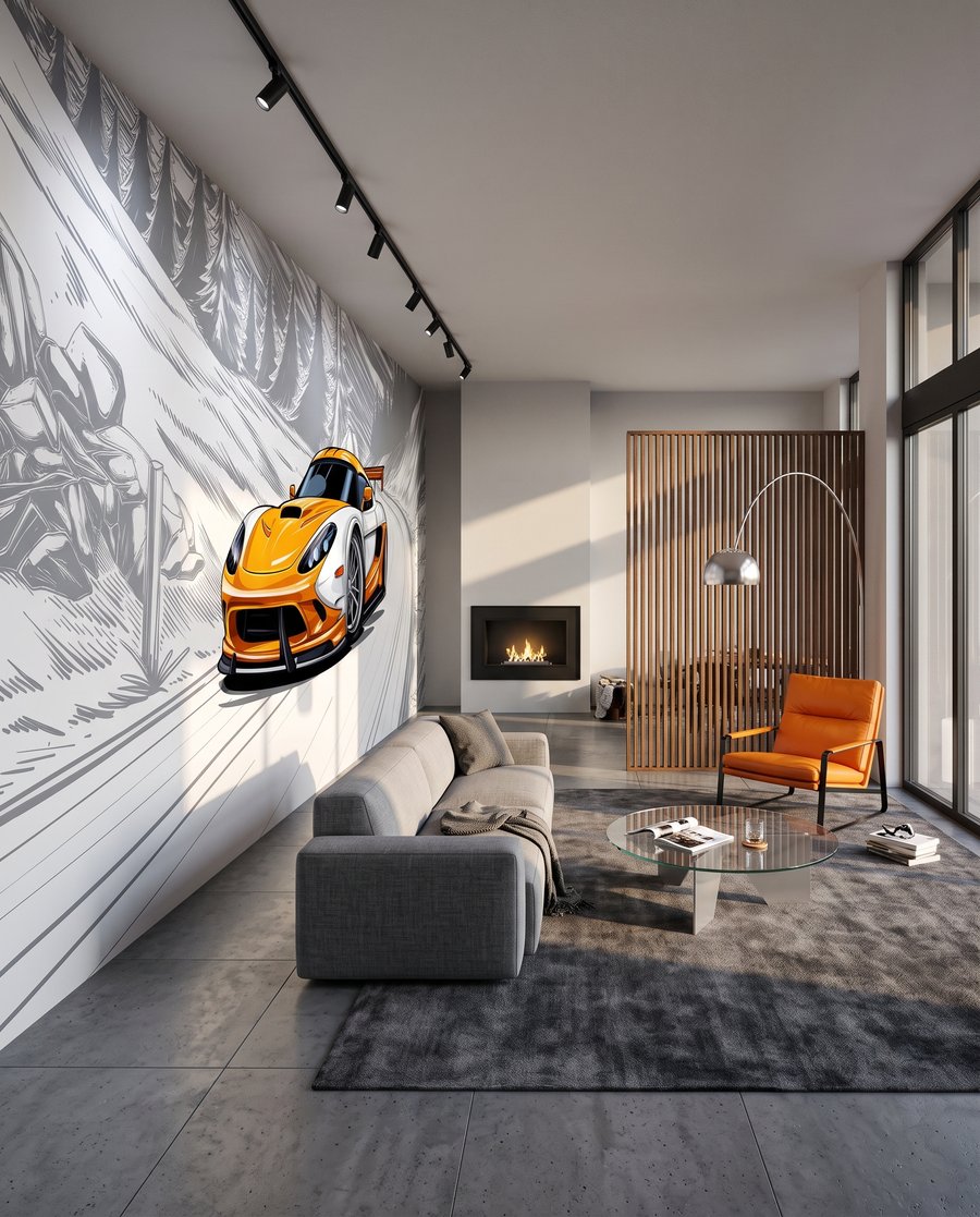 Oranžové auto v zákrute v interiéri