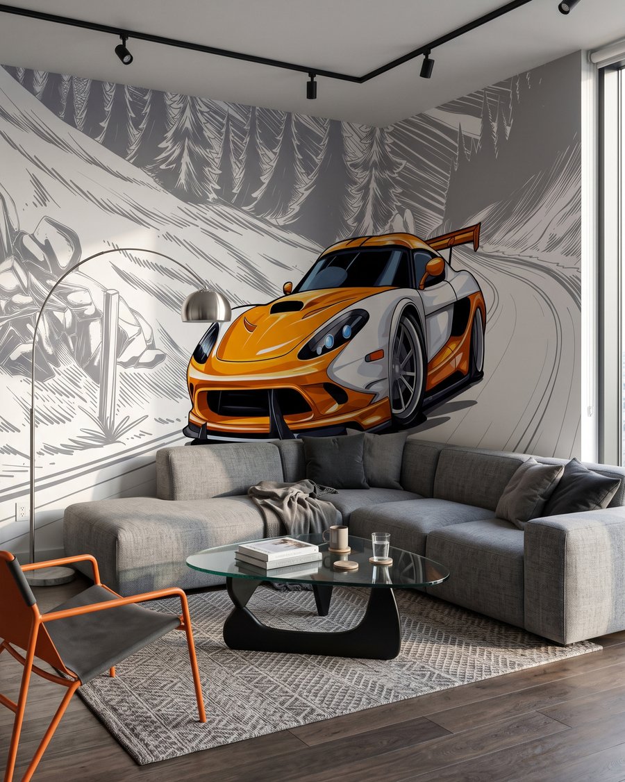 Oranžové auto v zákrute — interiér 3