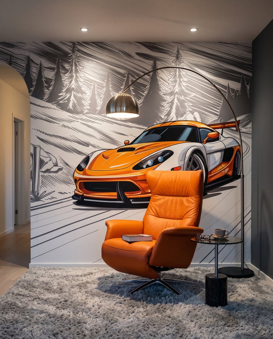 Oranžové auto v zákrute — interiér 4