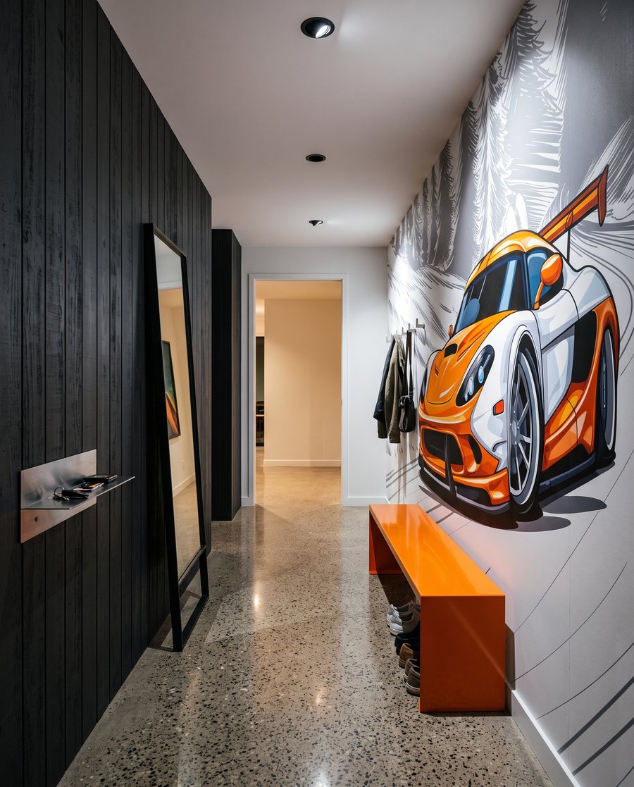 Oranžové auto v zákrute — interiér 5