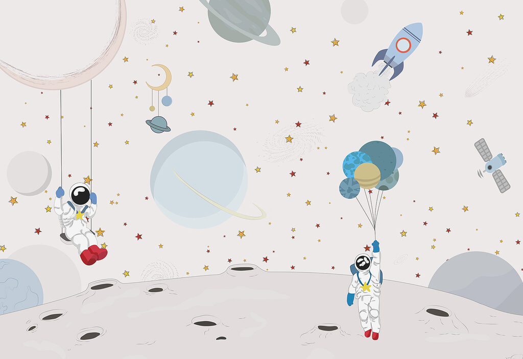 Astronauti medzi pastelovými postavami — celý dizajn