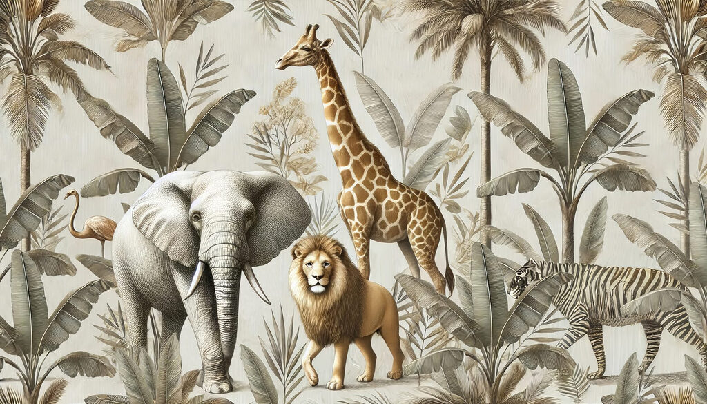 Safari zvieratá medzi palmami — celý dizajn