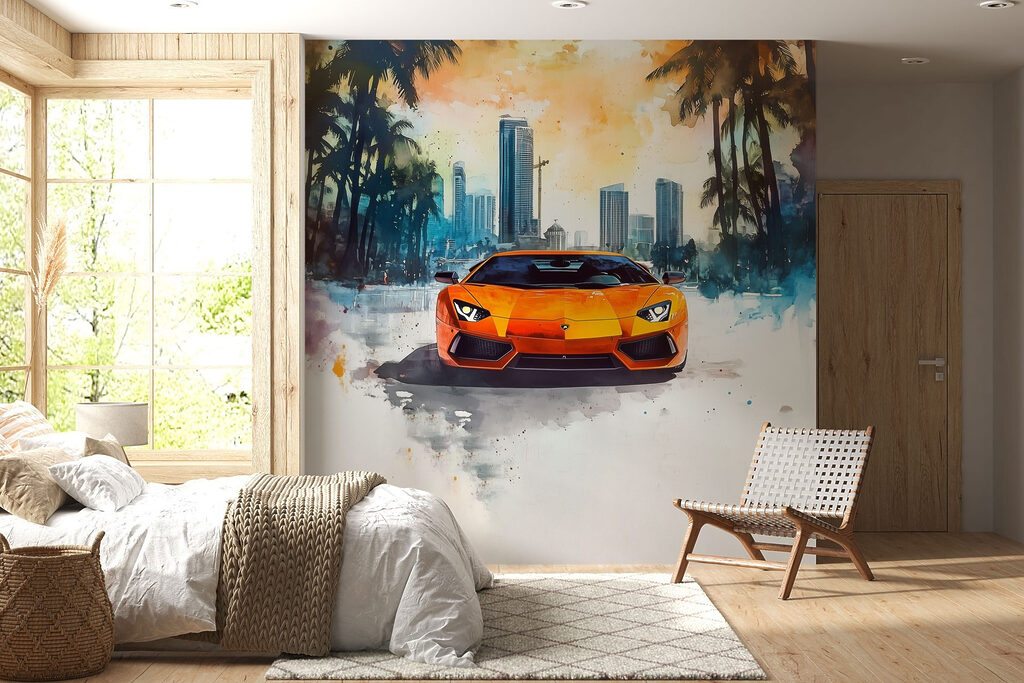 Oranžové športové auto v interiéri