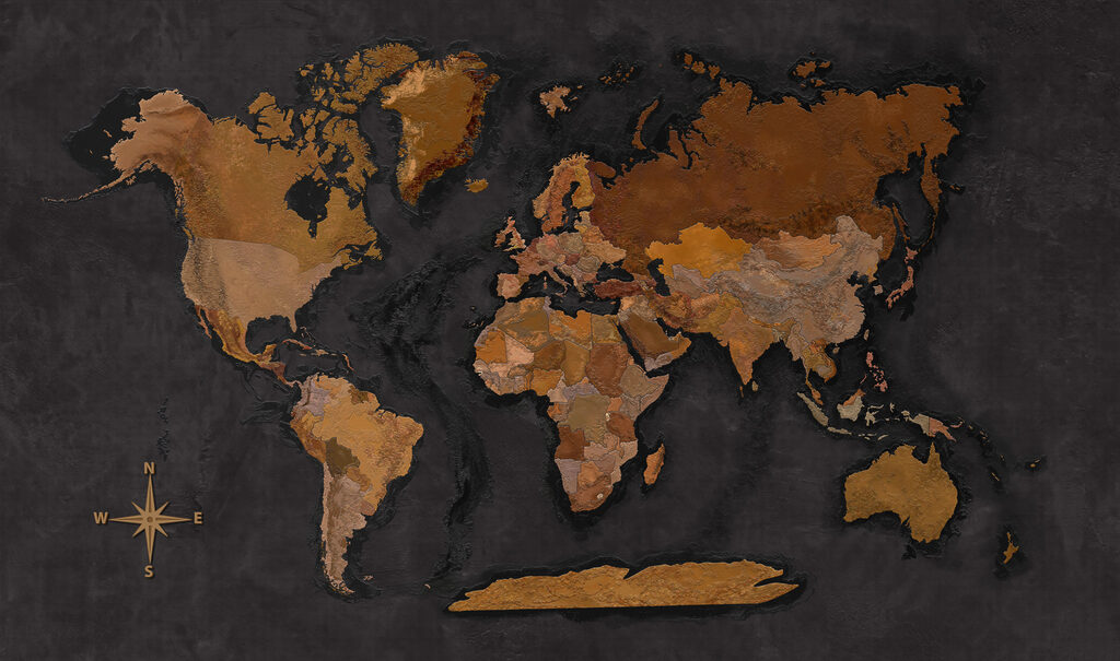 Kovovo lesklá mapa sveta — celý dizajn