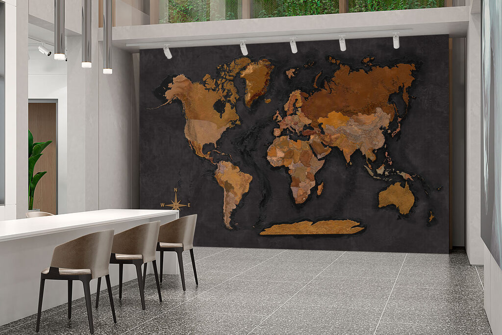 Kovovo lesklá mapa sveta — interiér 3