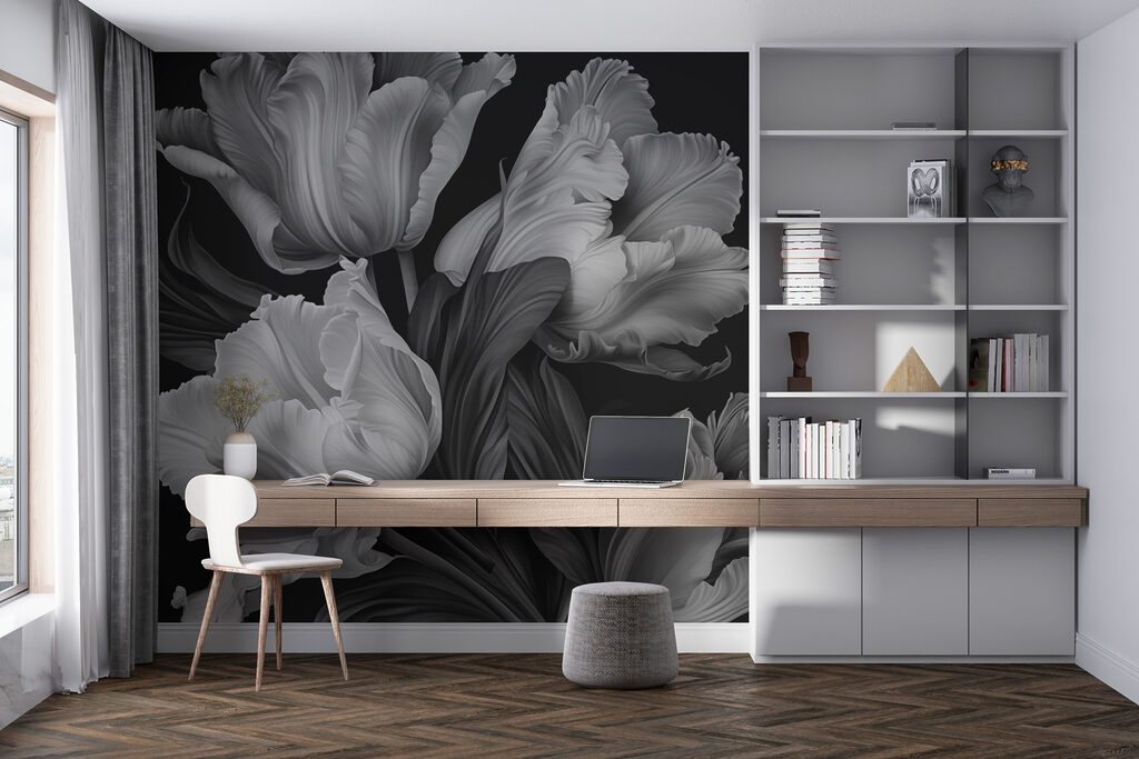 Sivé tulipány na čiernom — interiér 1