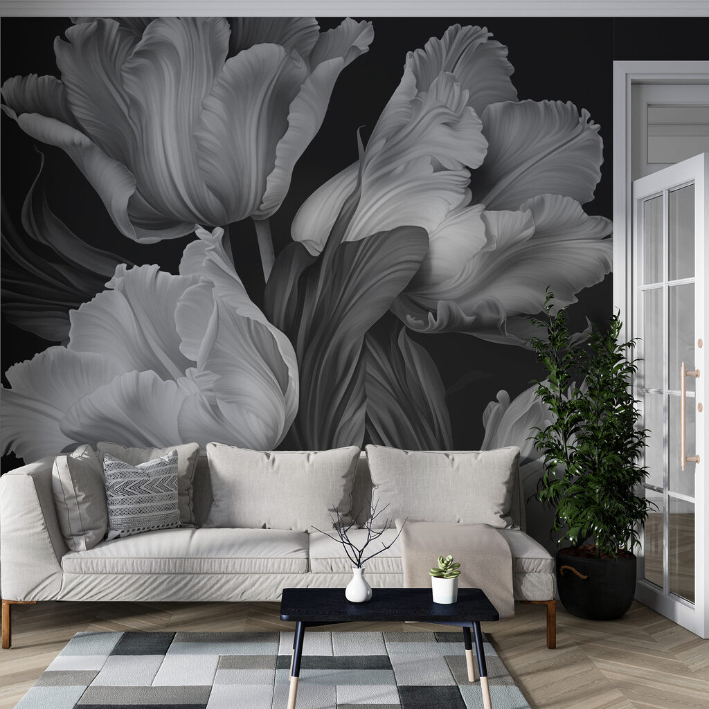 Sivé tulipány na čiernom — interiér 3