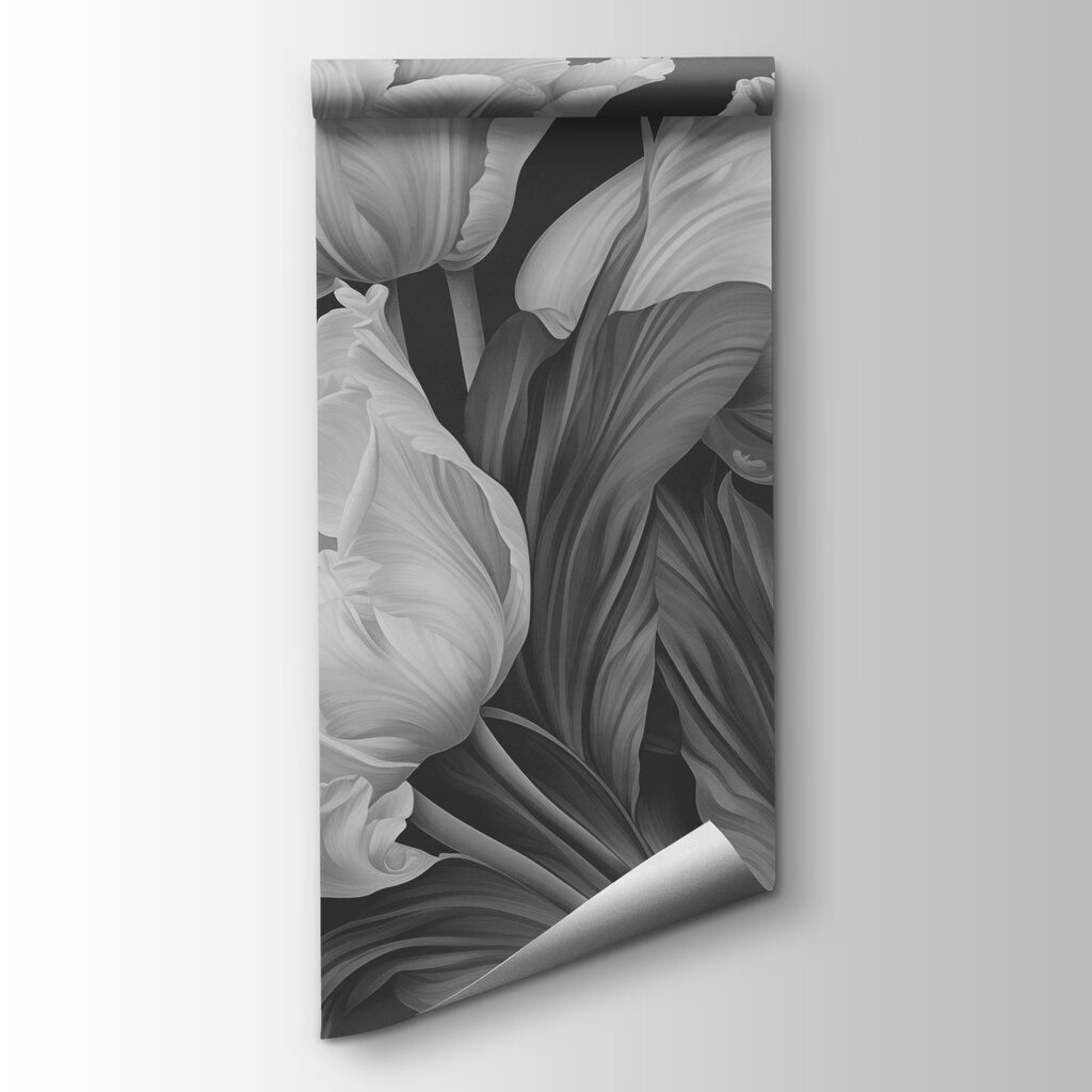 Sivé tulipány na čiernom — pohľad na tovar