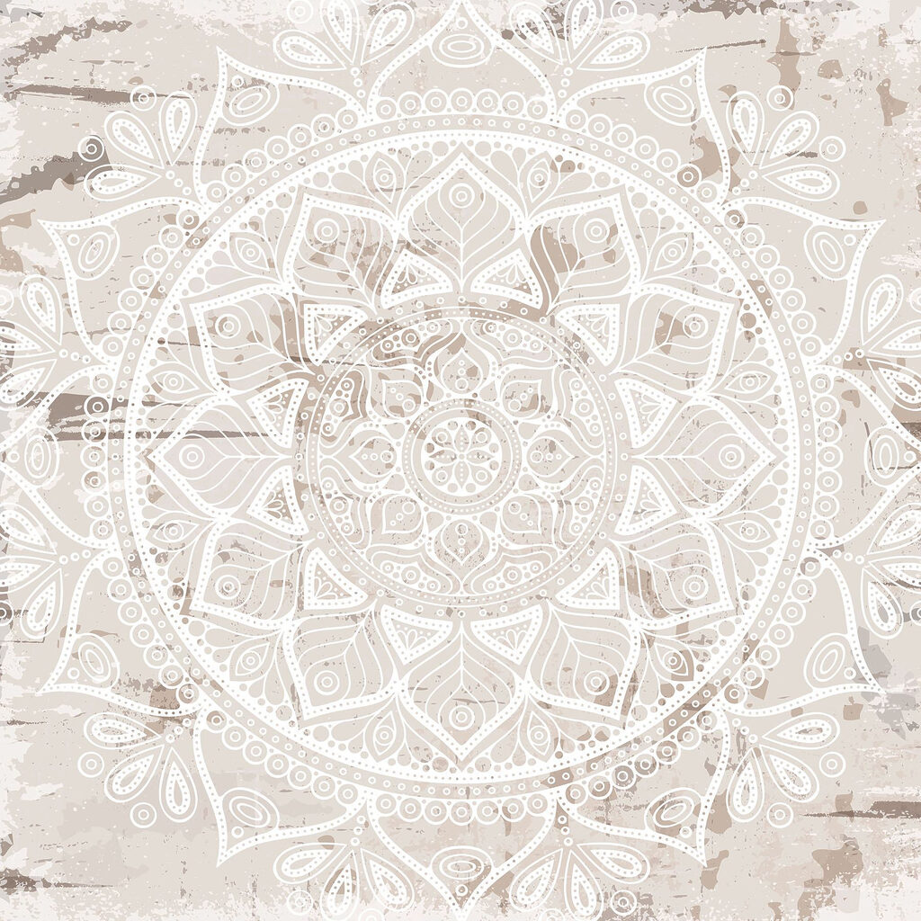 Biela mandala na béžovom — celý dizajn