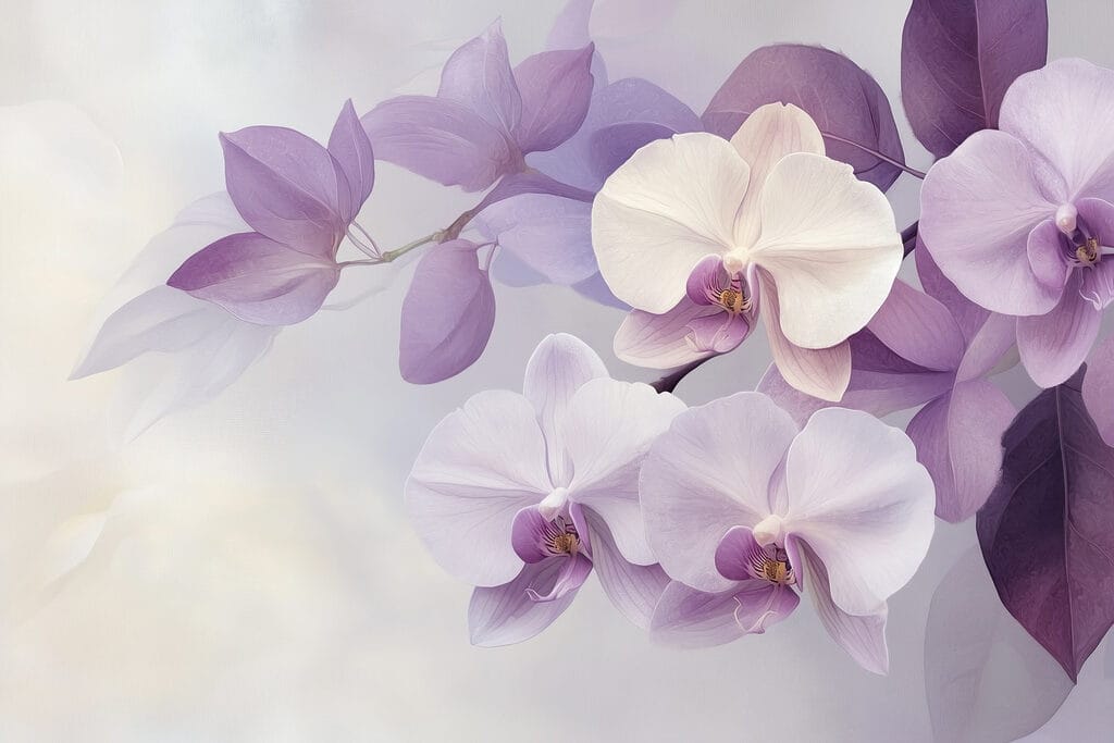 Orchidey medzi fialovými listami — celý dizajn