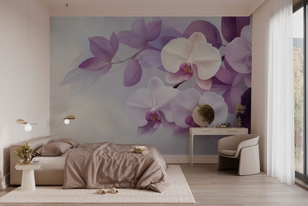Orchidey medzi fialovými listami — interiér 2