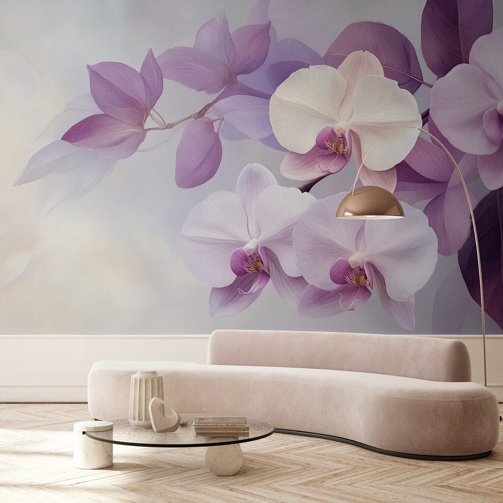 Orchidey medzi fialovými listami — interiér 3