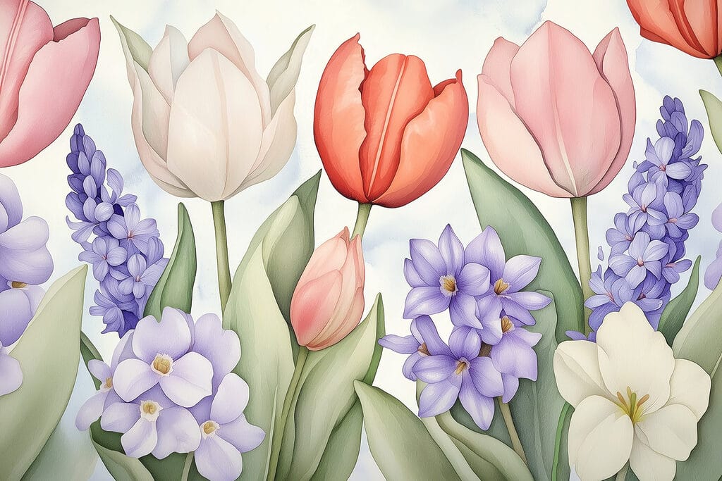 Tulipány medzi fialovými kvetmi — celý dizajn