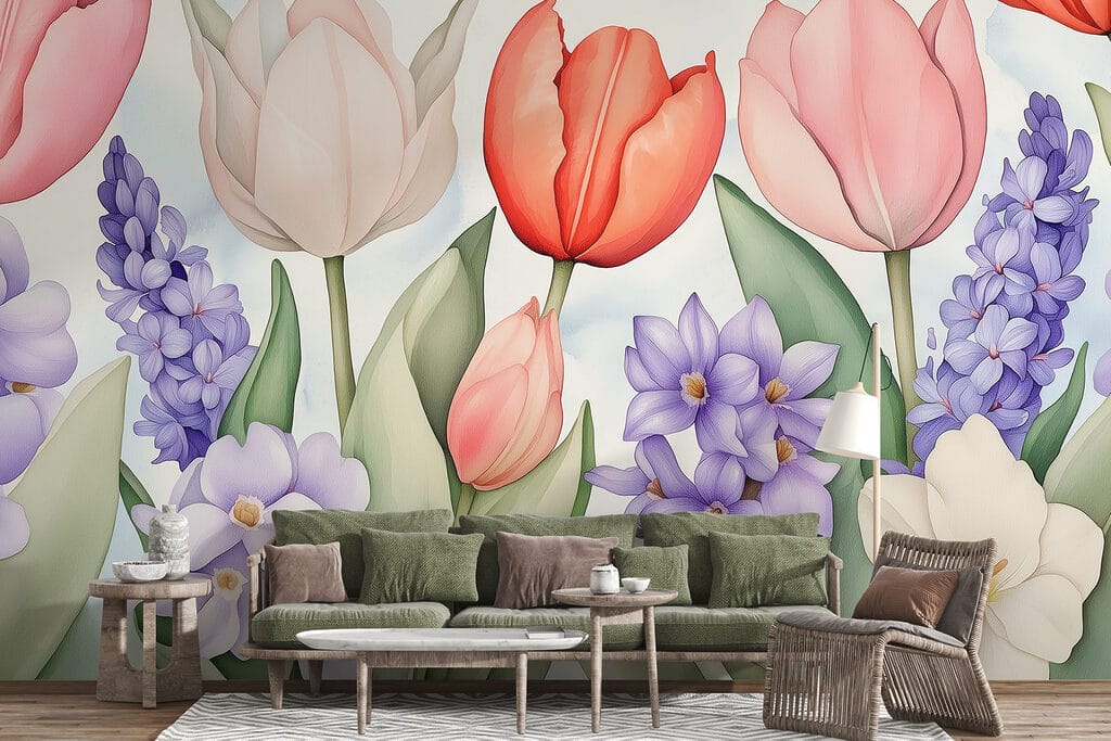 Tulipány medzi fialovými kvetmi — interiér 4