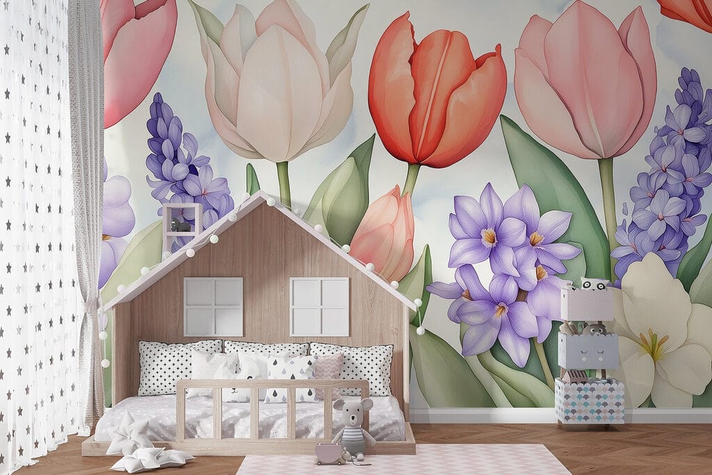 Tulipány medzi fialovými kvetmi — interiér 5
