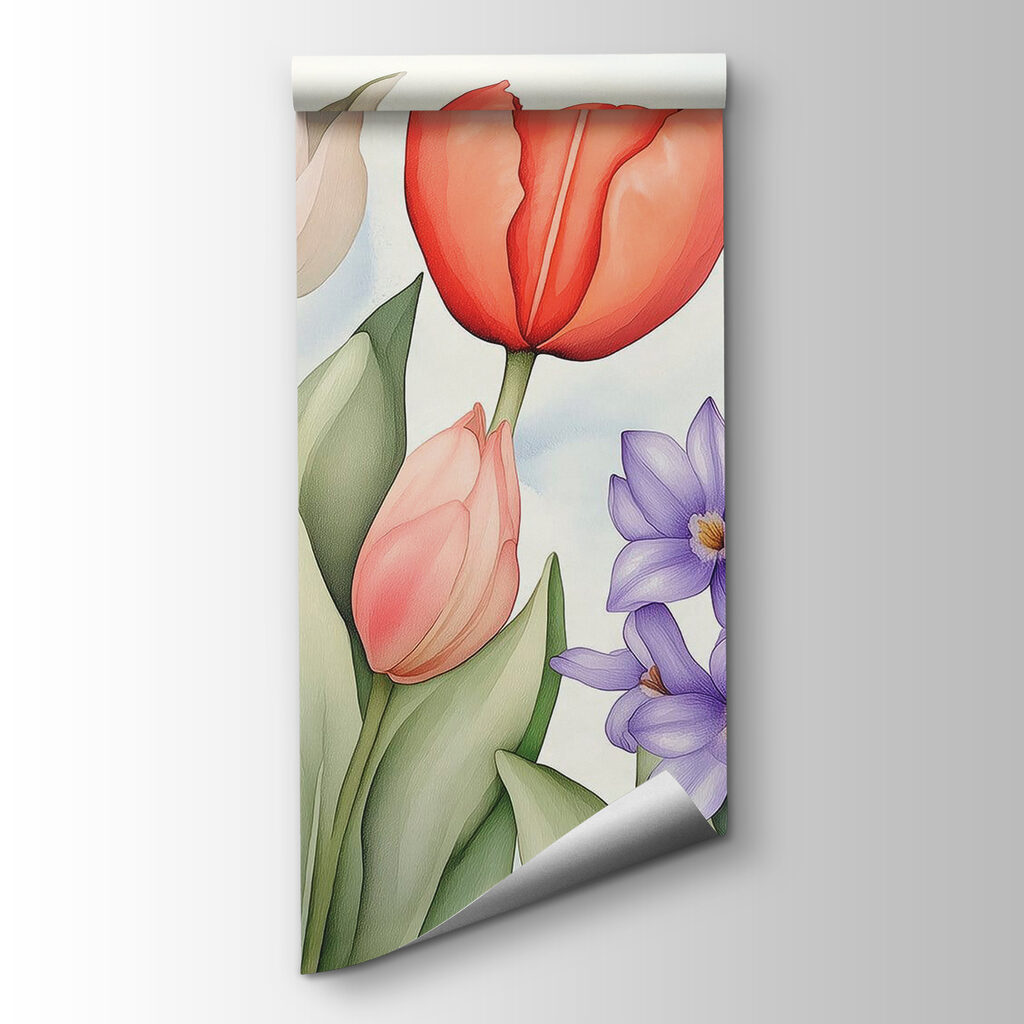 Tulipány medzi fialovými kvetmi — pohľad na tovar