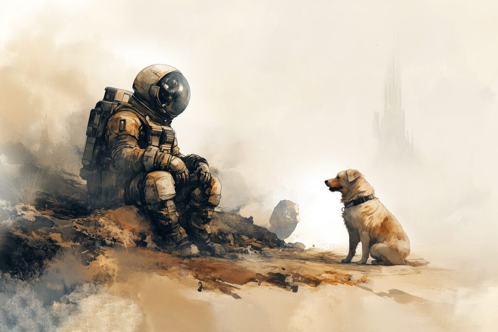 Astronaut a pes — celý dizajn