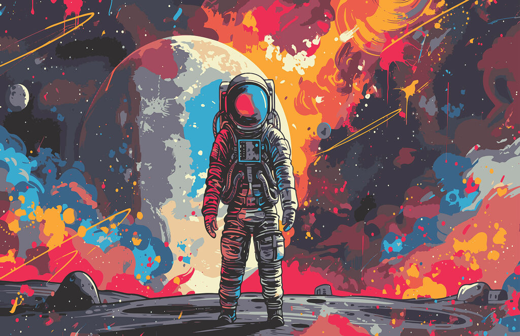 Astronaut medzi farebnými striekancami — celý dizajn