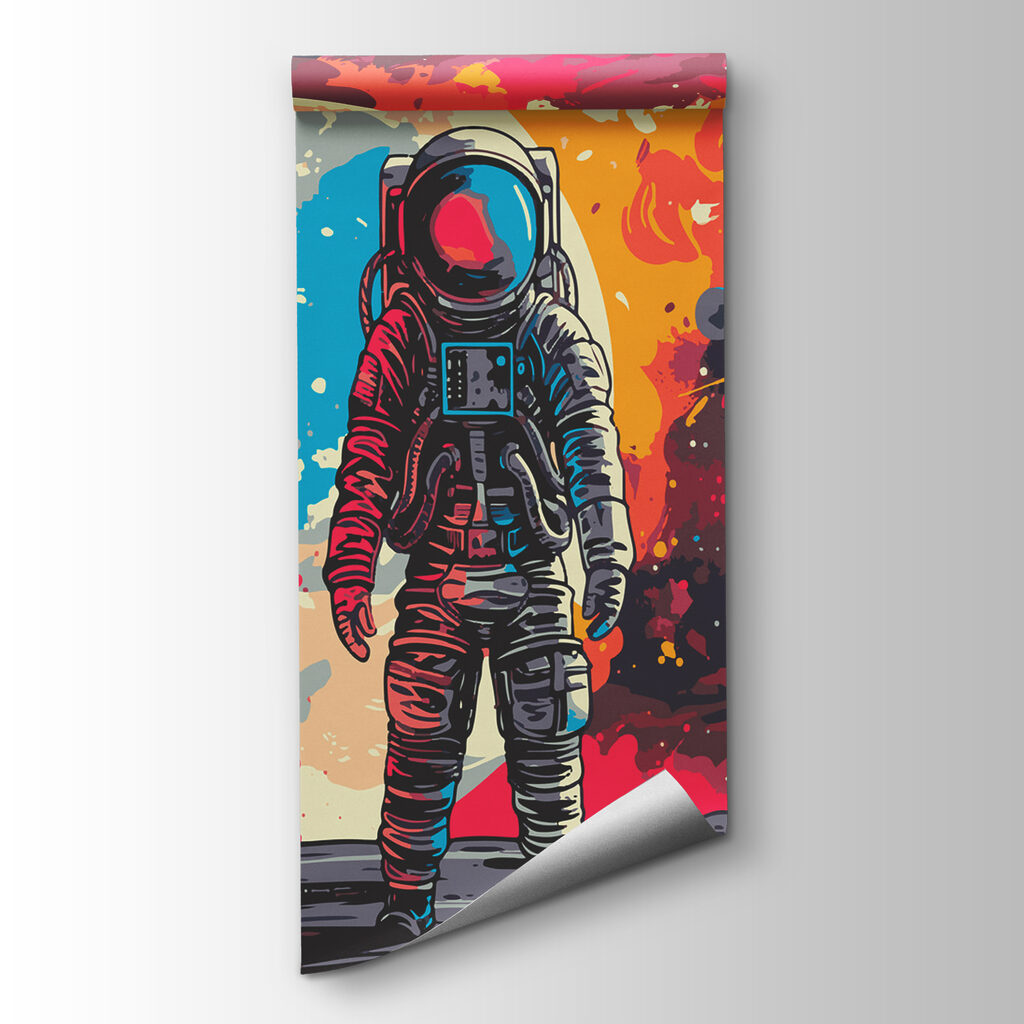 Astronaut medzi farebnými striekancami — pohľad na tovar